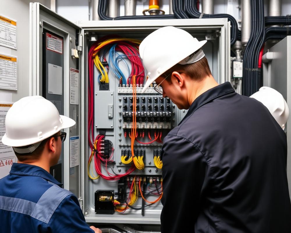 Electrical engineers maintaining industrial control panel