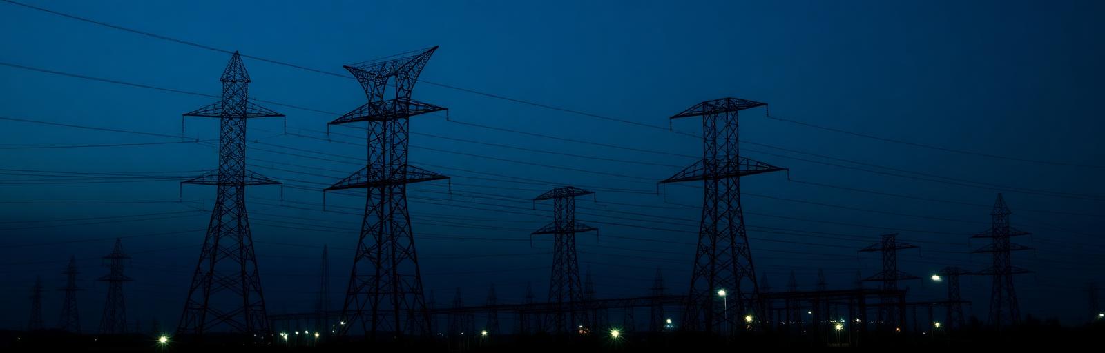 Transmission towers at dusk