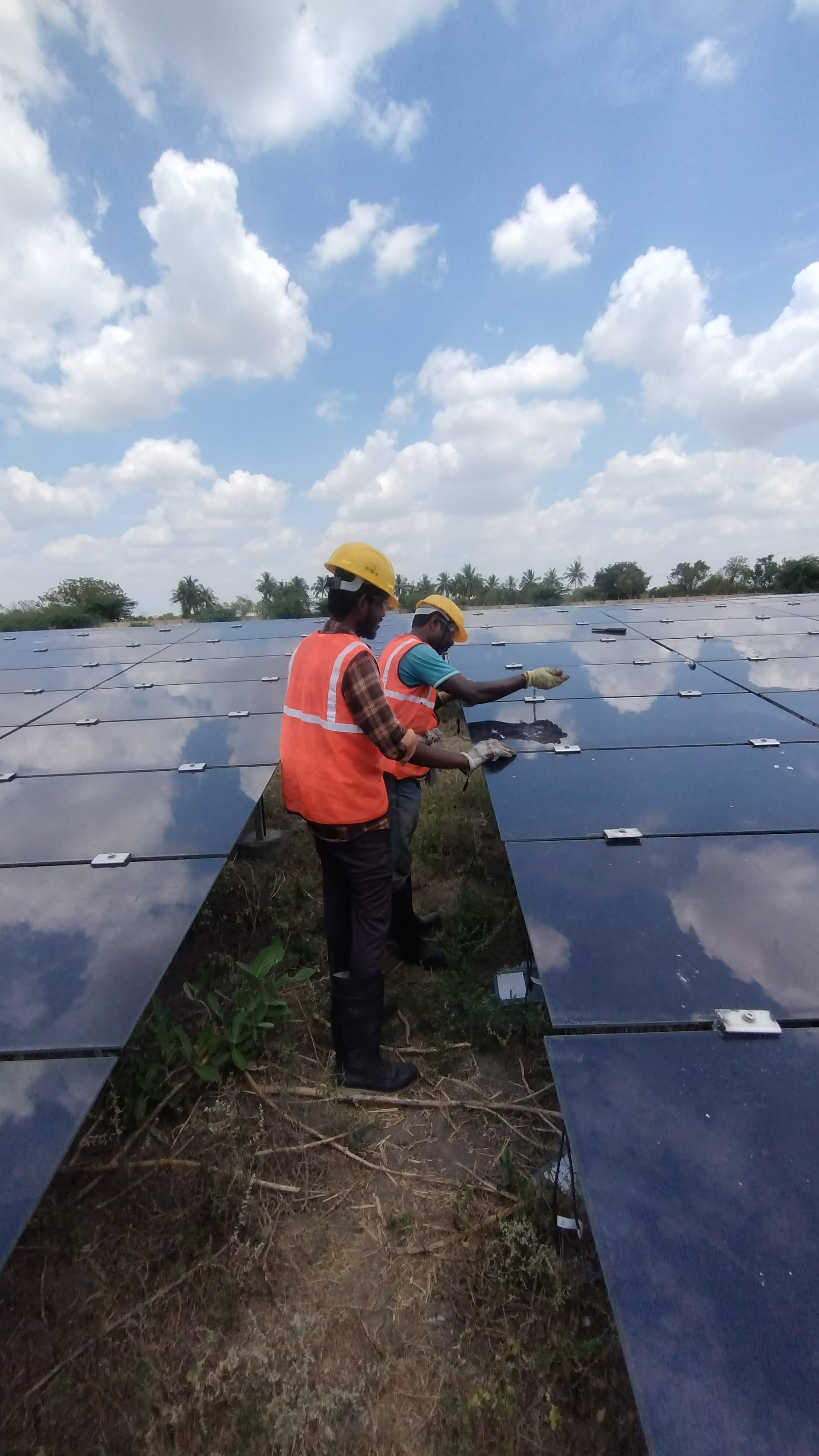 Technicians performing solar panel maintenance at solar farm